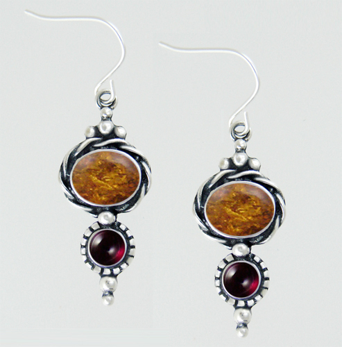Sterling Silver Drop Dangle Earrings With Amber And Garnet